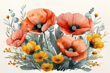 A postcard depicts poppies, tulips, mimosa, chamomile, apricot, carnations an armful bouquet wrapped around a yellow striped