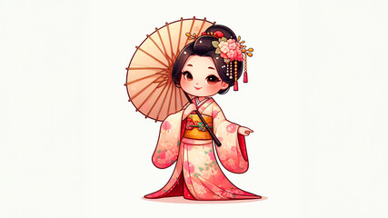 Cartoon charming woman in a beautiful Japanese kimono in oriental national style with an umbrella isolated on a plain background. Traditional women's dress in Japan