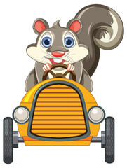 Cute squirrel cartoon character driving a yellow car