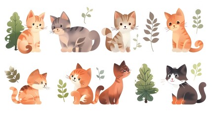Obraz premium Adorable Collection of Cartoon Cats and Kittens in Natural Settings