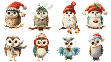 Fototapeta premium Adorable Festive Owls in Winter Hats and Scarves Celebrating the Holiday Season