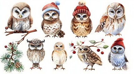 Fototapeta premium Adorable Festive Owls in Winter Attire on Snowy Pine Branches