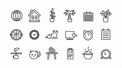 Home office, freelance doodle icon set with cogwheel and palm tree, globe and house, cosy armchair, calendar, computer and sleeping cat.