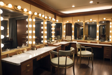 an Art Deco theater dressing room with vintage vanities, mirrors, and costume racks design.