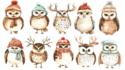 Fototapeta premium Adorable Winter Owls in Warm Seasonal Outfits Whimsical Illustrated Characters in Cozy Woodland Scene