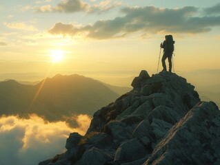 A lone hiker stands on a rocky mountain peak at sunrise, overlooking a breathtaking landscape of clouds and distant mountains, symbolizing adventure, exploration, and the beauty of nature