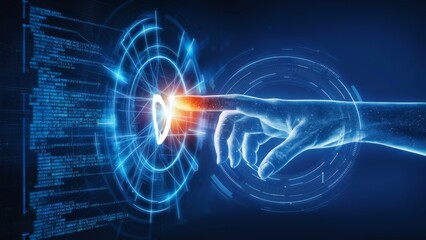 Fototapeta premium Hand touching digital network connection on blue background - technology - communication - innovation