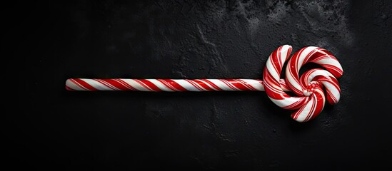 Top view of a holiday striped candy cane on a dark background presented in a flat lay arrangement with ample copy space for additional images or text