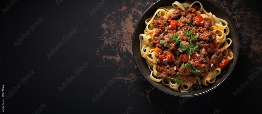 Poster the top view shows a black bowl filled with fettuccine pasta and beef ragout sauce placed on a grey 