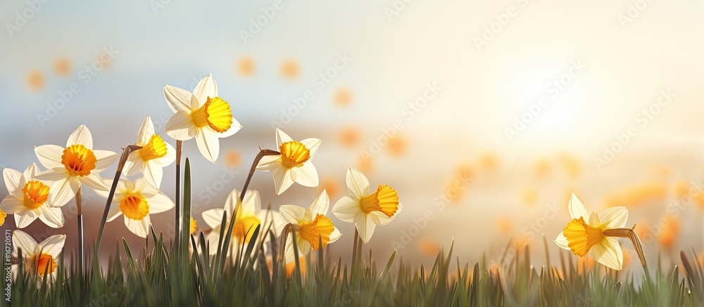 Poster In springtime a picturesque meadow is adorned with vibrant daffodil flowers creating a captivating copy space image