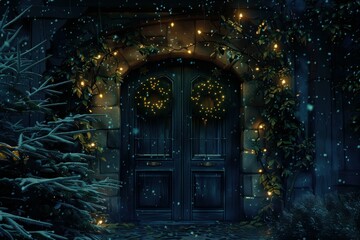 Enchanted winter night entrance with magical illuminations and snowfall, creating a serene and peaceful atmosphere for a festive fairy tale christmas decoration