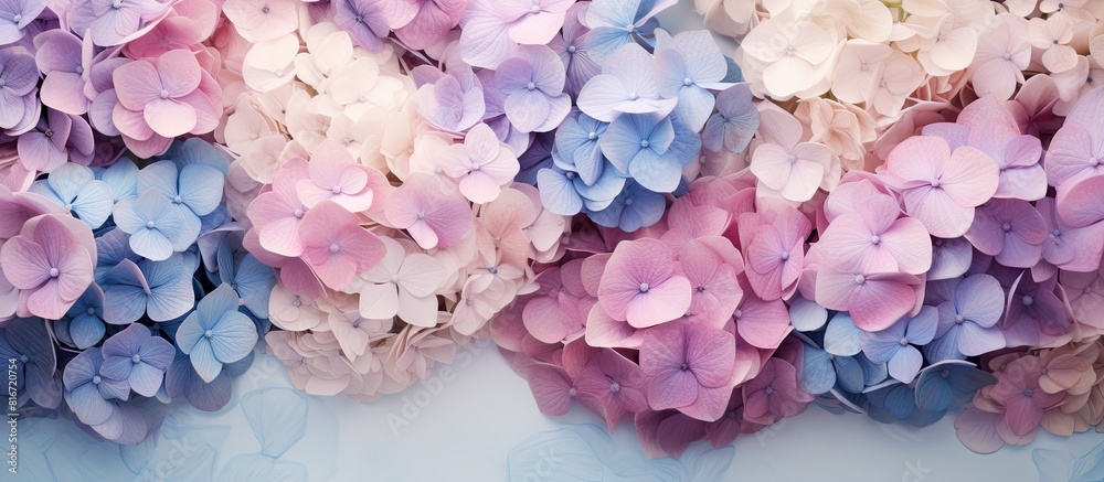 Poster Top view of artistic ink background with pastel violet and pink Hydrangea flowers Copy space image