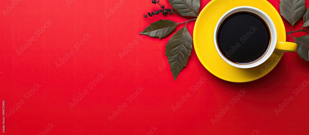 Poster Yellow background with leaves and copy space image showcasing a text that reads New Year New Me along with a red coffee cup