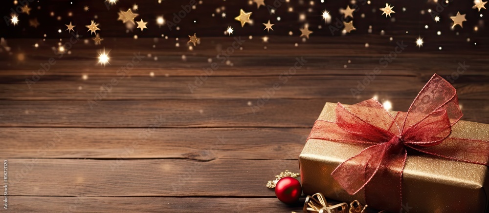 Poster A festive background with room for text featuring a photo frame and gift boxes on a wooden surface This image is reminiscent of Christmas and the New Year. with copy space image