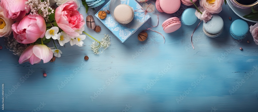 Aufkleber A top view of a table with a blue color where there are perfume flowers macarons and boxes creating a visually appealing copy space image