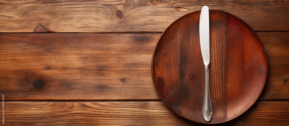 Aufkleber a wooden texture background with a white plate fork and knife leaving copy space in the image