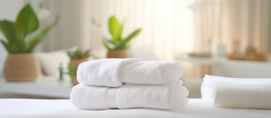 Copy space image of white towels neatly rolled up on a white table set against the backdrop of a softly blurred living room Ideal for creating captivating product displays