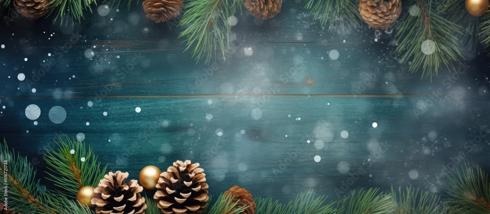 Fototapete a holiday themed image featuring festive green fir tree branches adorned with pine cones golden snow