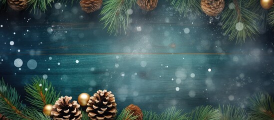 A holiday themed image featuring festive green fir tree branches adorned with pine cones golden snowflakes and a ball placed on a wooden background creating ample space for textual elements