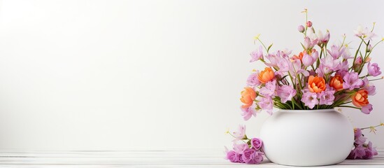 A copy space image of spring flowers arranged in a white vase resting on a white wooden background