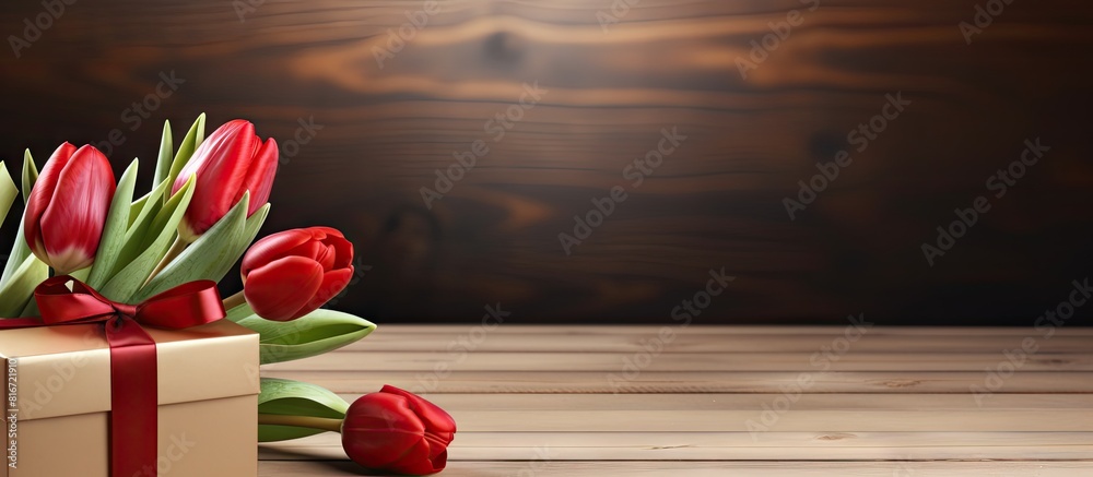 Poster A romantic Valentine s Day scene with a gift box vibrant red tulips and a wooden table with plenty of empty space for a captivating image. with copy space image. Place for adding text or design