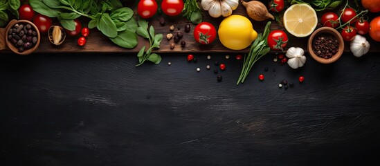 A top view of cooking ingredients like tomatoes garlic pepper lemon salad leaves olives and olive oil arranged on a dark old table This copy space image represents a vegetarian food health or cooking