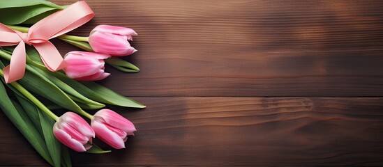 Top view of a grungy wooden background adorned with a beautiful bouquet of pink tulips tied with a ribbon Ample space for text provided