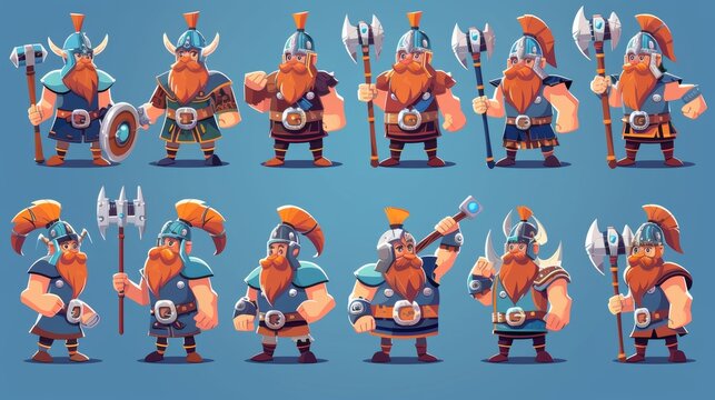 Scandinavian warrior figure fights with hammer animated effect, barbarian with ginger beard with different poses, 2d rpg game character sprite sheet.