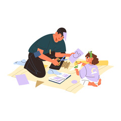 Diligent dad helps his kid making childish craft. Daddy cuts out of paper for cute little girl. Father and daughter spend time together indoors. Flat isolated vector illustration on white background