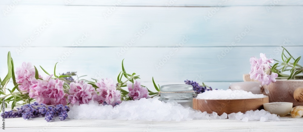 Poster a copy space image of salt is placed on a white wooden table accompanied by flowers and savory twigs