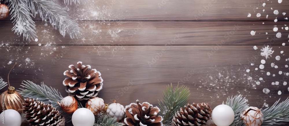 Aufkleber copy space image of a christmas card displayed on a wooden background featuring a snowy fir tree pin