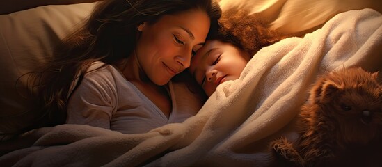 A cozy scene captures a mother and her daughter snuggled up in bed creating a heartwarming and tender moment. with copy space image. Place for adding text or design