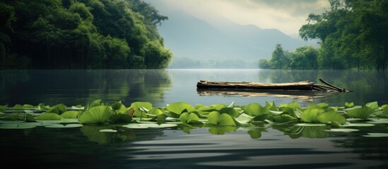 A serene creek reservoir scene with a bamboo raft floating peacefully through the water offering ample copy space for images