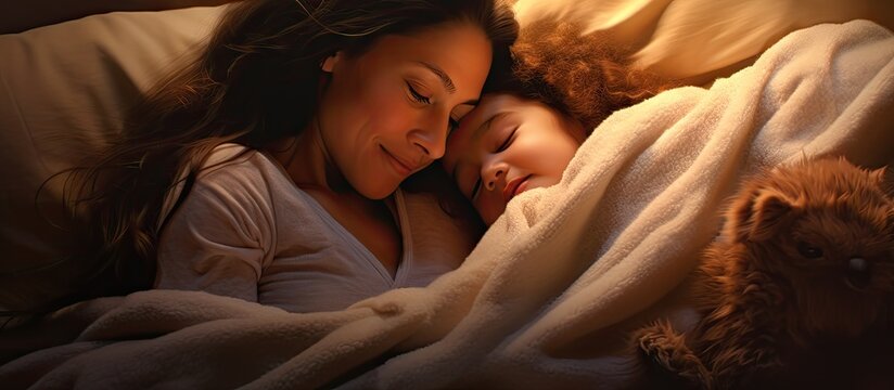 A cozy scene captures a mother and her daughter snuggled up in bed creating a heartwarming and tender moment. with copy space image. Place for adding text or design