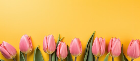A top view copy space image of yellow tulips on a coral background in a spring card