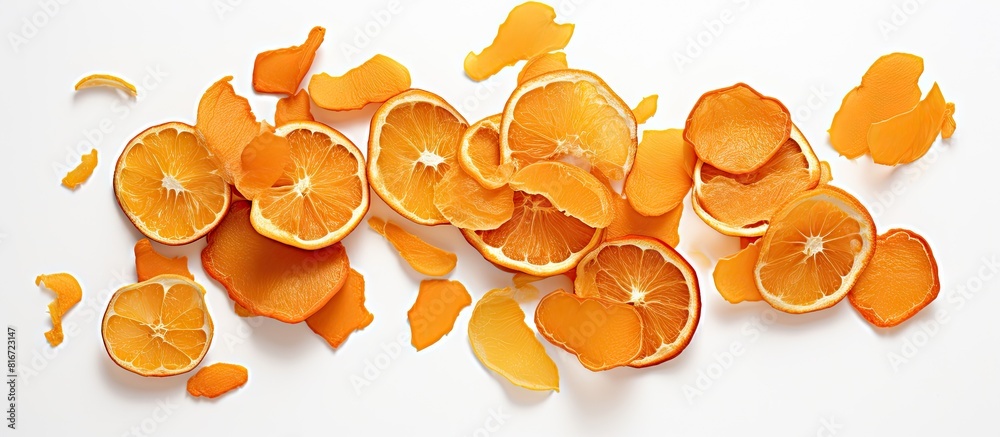 Poster the image shows a detailed view of discarded orange peels the orange peel is isolated on a white bac