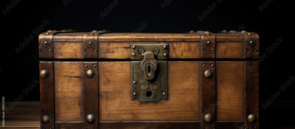 Poster A vintage wooden box featuring a closed design and equipped with a lock for security is displayed in the copy space image