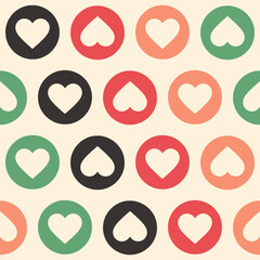 Charming, colorful heart seamless pattern with green, red, peach and black hearts within circles. Pattern for Valentine's Day decorations, gift wrapping, festive invitations. Light beige background.