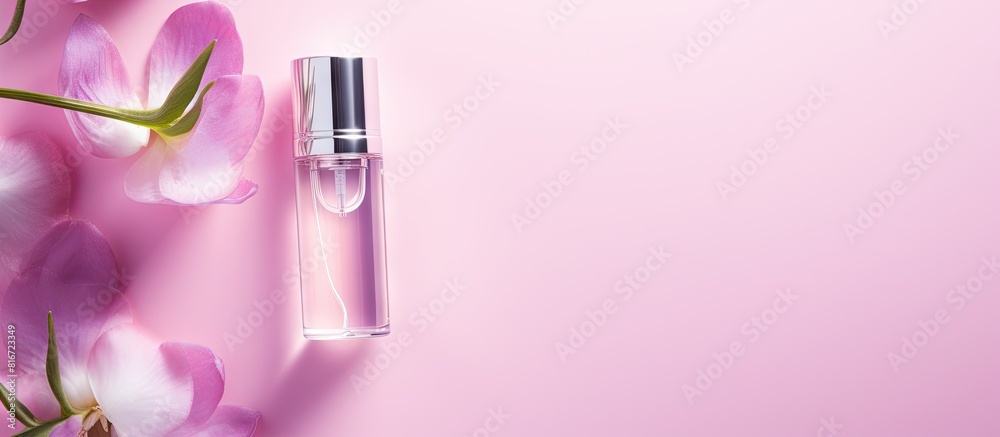 Aufkleber Top down view of a cosmetic serum placed on a pink background creating an ideal copy space image for text placement