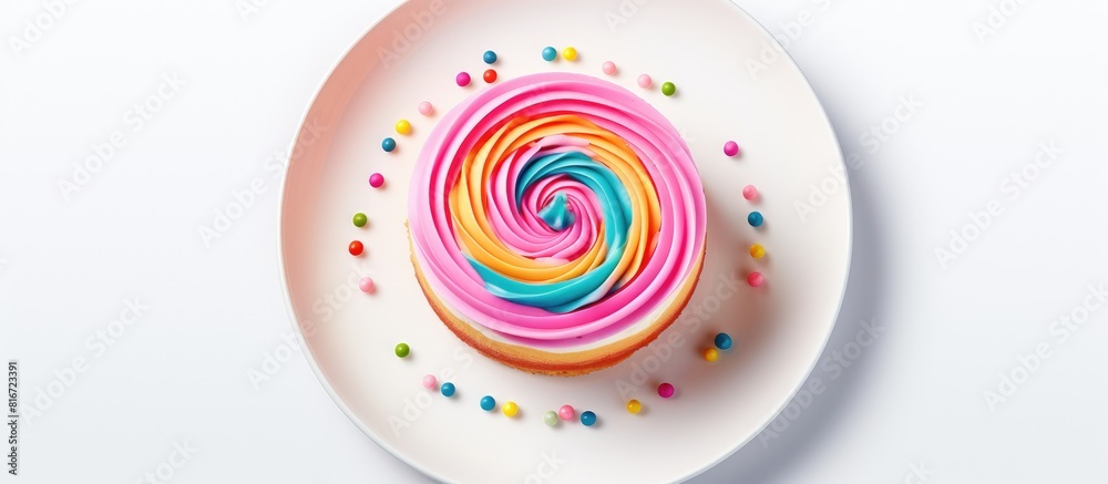 Aufkleber A top down view of a dessert cake presented on a colorful plate with ample space around it for copying The image is isolated on a white background