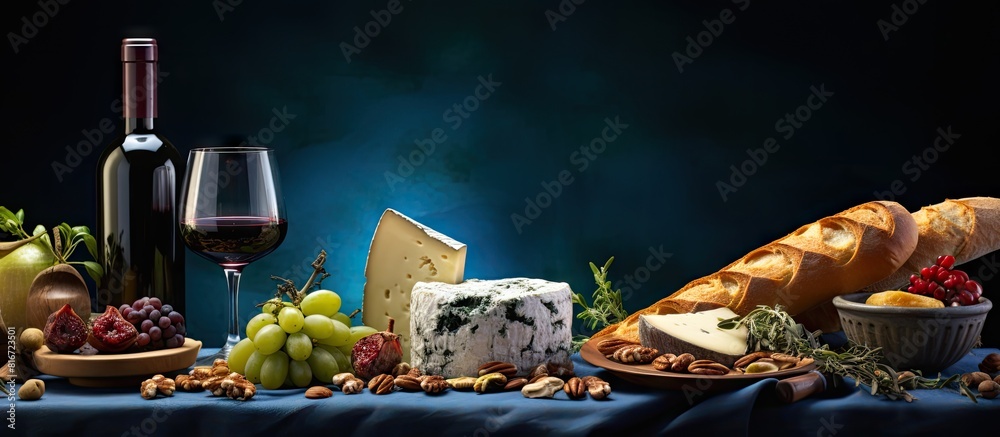 Poster traditional mediterranean snacks with blue cheese red wine baguette walnuts and thyme on a copy spac
