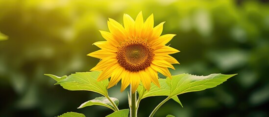 Fototapeta premium A vibrant yellow sunflower stands out against a backdrop of lush green leaves offering ample space for additional content in the image