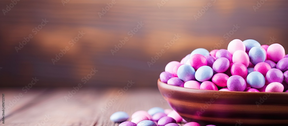 Aufkleber the wooden background showcases a bowl filled with round candies in shades of purple and pink leavin