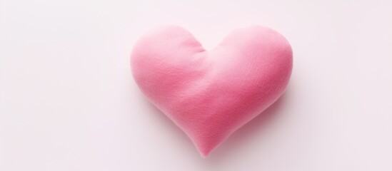 Fototapeta premium A single pink heart made of felt stands out against a plain white background This stock photo captures the essence of Valentine s Day offering a blank canvas for your personal message