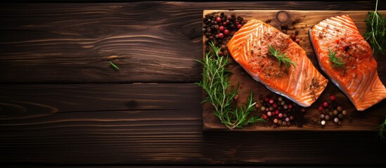 View from the top of a dark wooden background with a copy space image showing salmon fillet steaks fried and served on a wooden board garnished with thyme