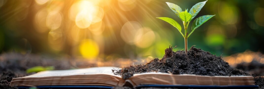 Symbolic book with sprouting plant  education as catalyst for personal growth and development