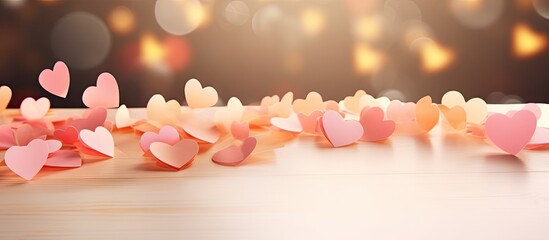 A romantic copy space image displaying heart shaped sticky notes placed on a table intended for heartfelt Valentine s messages
