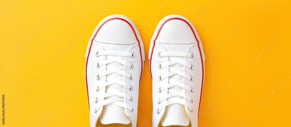 Poster Top down view of a pair of white sneakers set against a vibrant colored background creating a visually appealing copy space image
