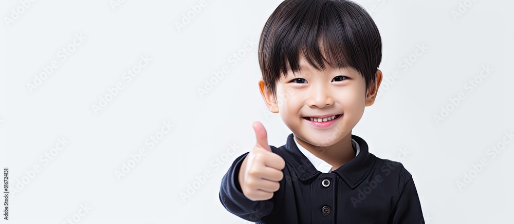 Aufkleber smiling asian boy isolated on white background raises both thumbs and looks at the camera ample copy