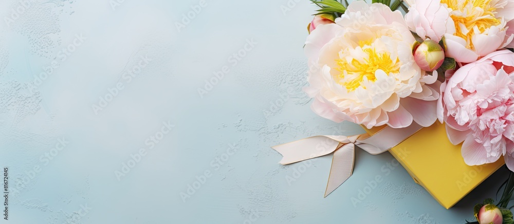Aufkleber Shabby blue background with a yellow gift box peonies and a blank note Plenty of space for text. with copy space image. Place for adding text or design